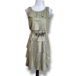Talbots Tiered Dress With Floral Applique Belt Dainty Neutral 100% Cotton Size 6
